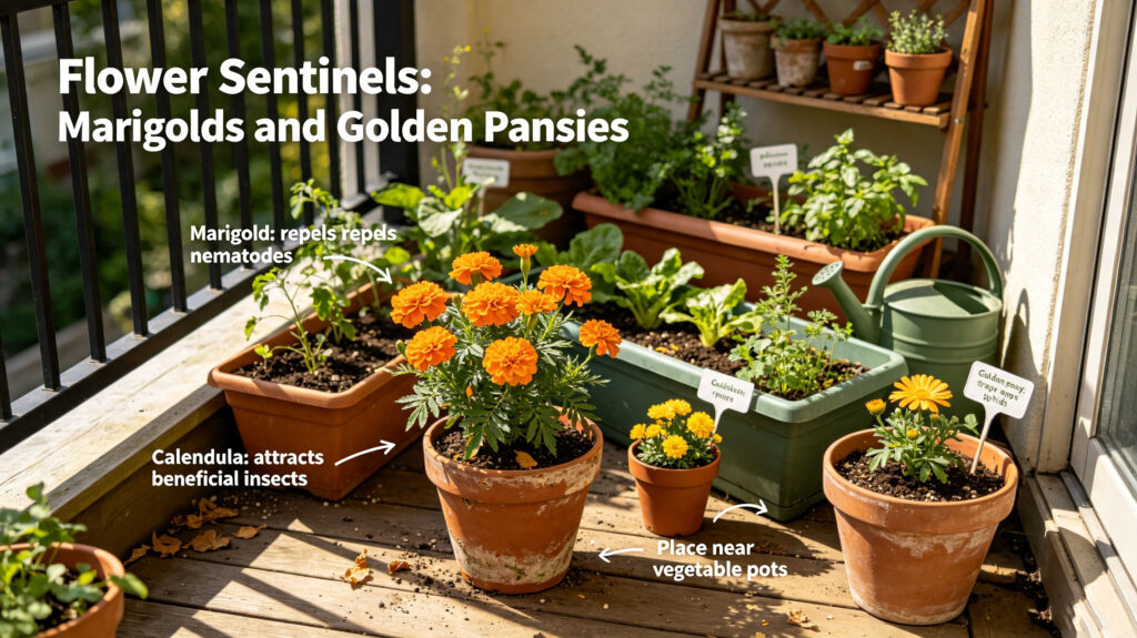 Flower Sentinels: Marigolds and Golden Pansies