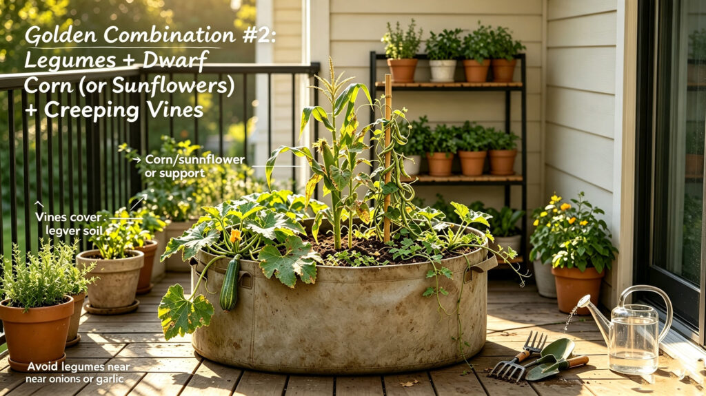 Golden Combination #2: Legumes + Dwarf Corn (or Sunflowers) + Creeping Vines